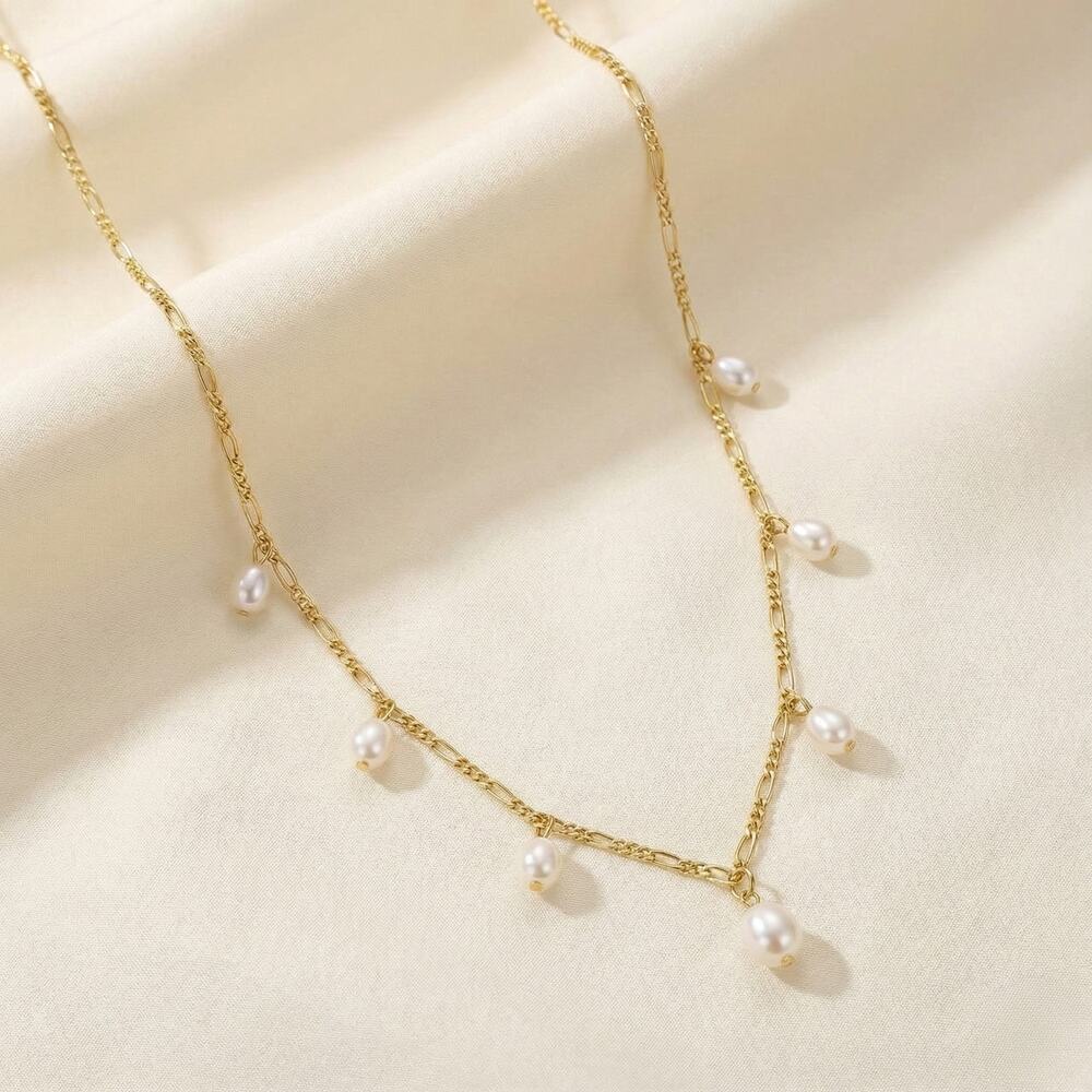 14k Gold Filled Figaro Chain Genuine Pearl Station Necklace 16-18 in